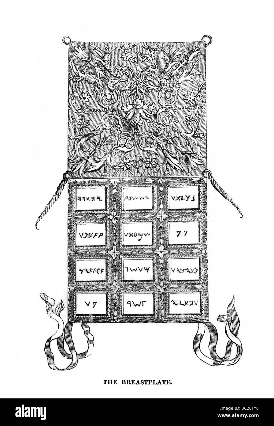 Illustration des Brustschildes des des Hohepriesters mit 12 prächtigen Steinen, in die jeweils ein Name der zwölf Stämme Israels eingraviert ist (Exodus) Stockfoto