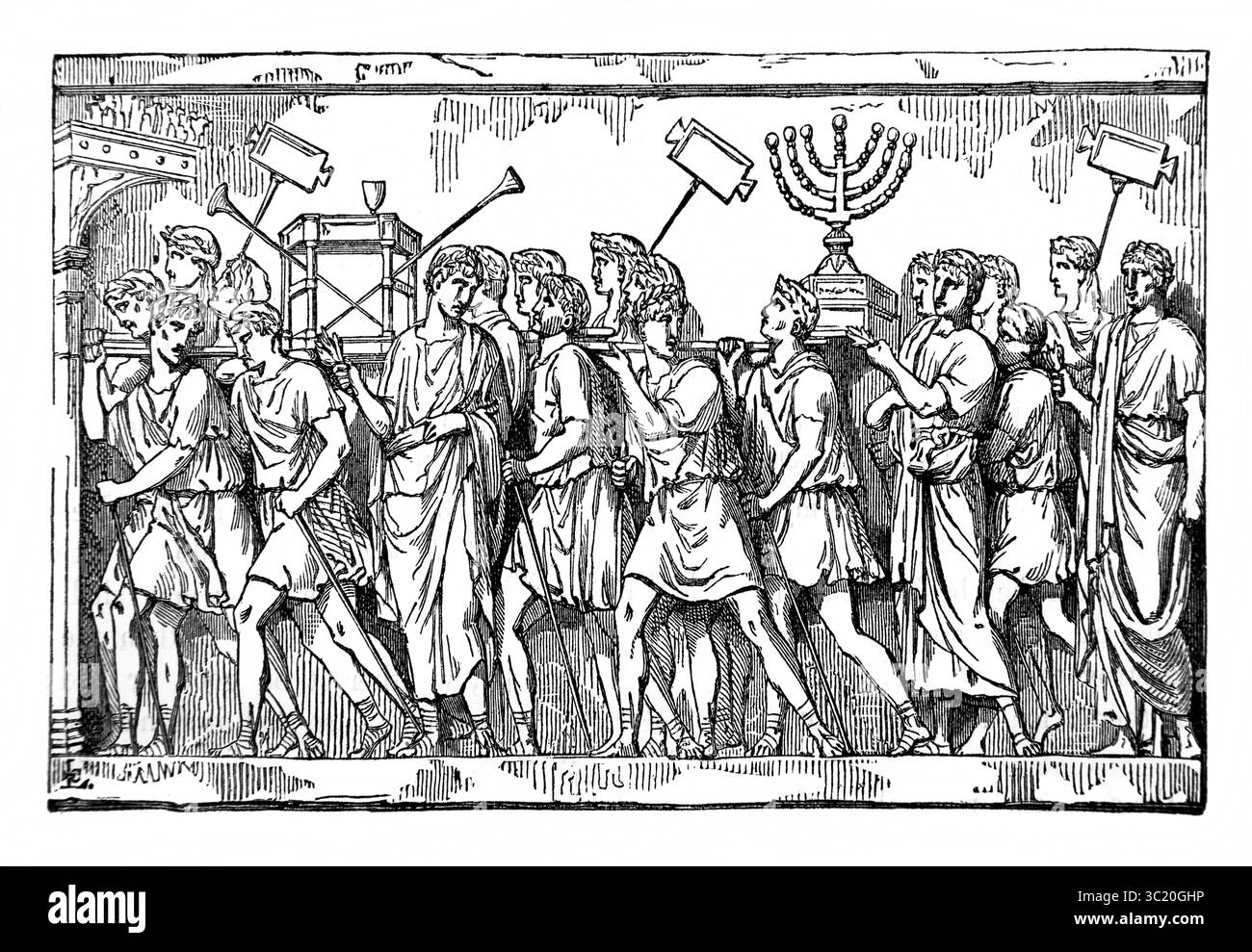 Illustration des Basreliefs des Titusbogens mit Darstellung der Triumphprozession des Titus mit Römern, die die Kriegsbeute nach den Destrukten trugen Stockfoto Illustration des Basreliefs des Titusbogens mit Darstellung der Triumphprozession des Titus mit Römern, die die Kriegsbeute nach den Destrukten trugen Stockfoto