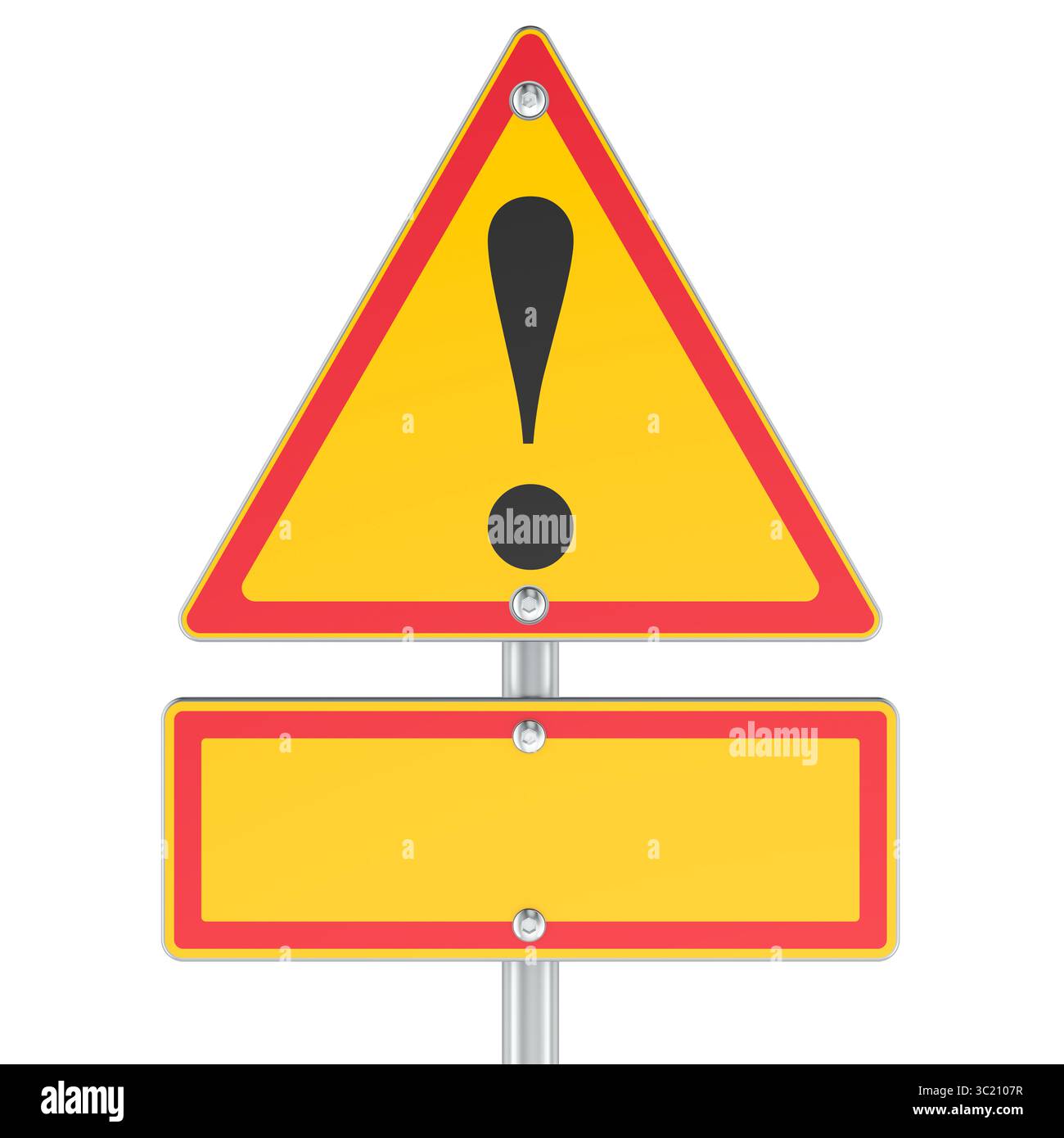 Gelbes dreieckiges Warnschild mit Ausrufezeichen und leerem rechteckigem Schild unten. 3D-Rendering isoliert auf weißem Hintergrund Stockfoto