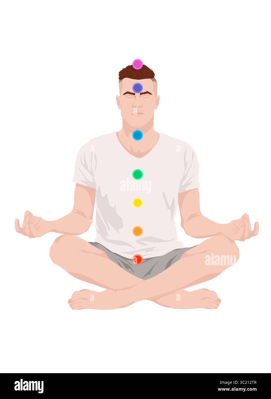 Chakras-Lokalisation im Körper. Mann in Lotus-Position auf weißem Hintergrund, Illustration Stockfoto