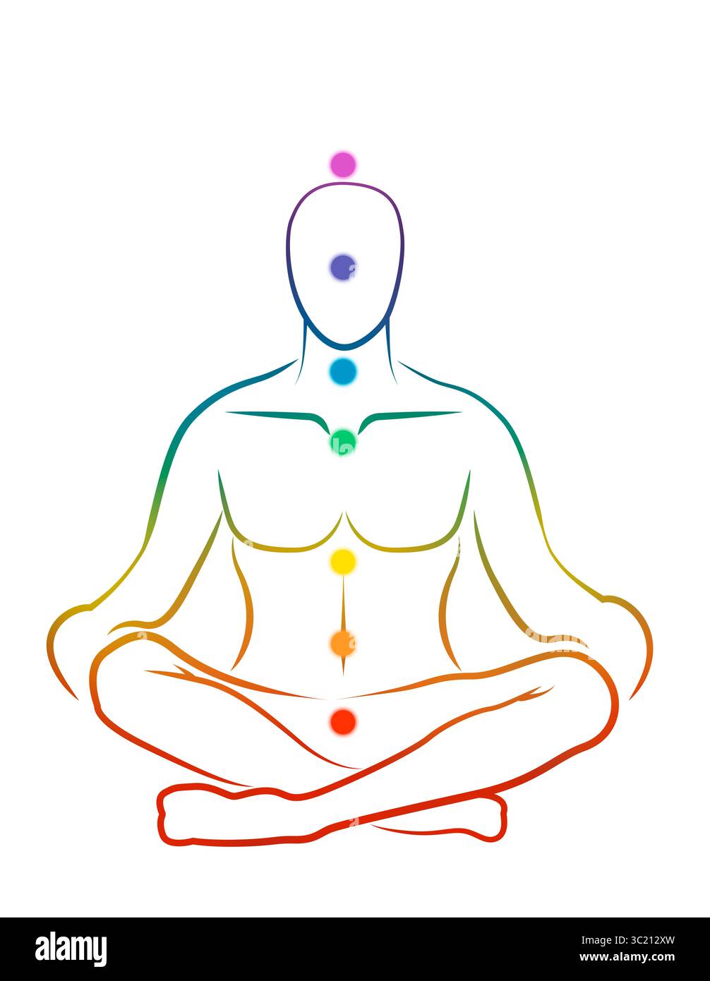 Chakras-Lokalisation im Körper. Silhouette des Menschen in Lotusposition auf weißem Hintergrund, Illustration Stockfoto