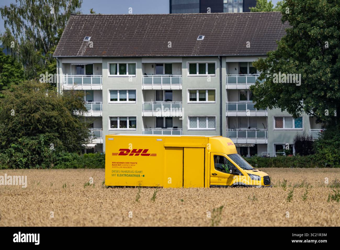 DHL Paketwagen, Elektrofahrzeug, auf dem Weg zum Kunden, ländliche Gegend, auf einer Feldstraße durch ein Maisfeld, Nordrhein-Westfalen, Deutsch Stockfoto