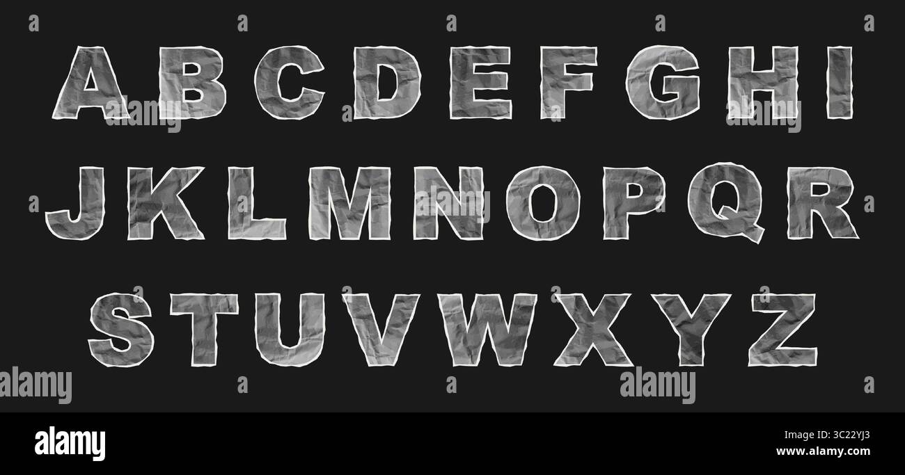Großbuchstaben aus zerknitterter Papierstruktur mit gerissenen ungleichmäßigen Kanten auf schwarzem Hintergrund. Vollständiges Alphabet aus zerknittertem Papier mit allen Buchstaben. Vektor Stock Vektor