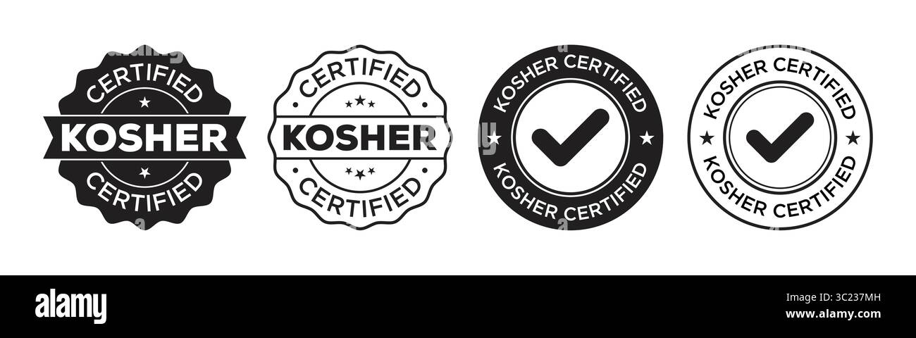 Koschere zertifizierte Stempelsymbole in durchgehendem Schwarz und konturiert. Koscher zertifizierter Abzeichen Stempel Vektor Icons Set für Lebensmitteletikettierung und Verpackungsdesign Stock Vektor