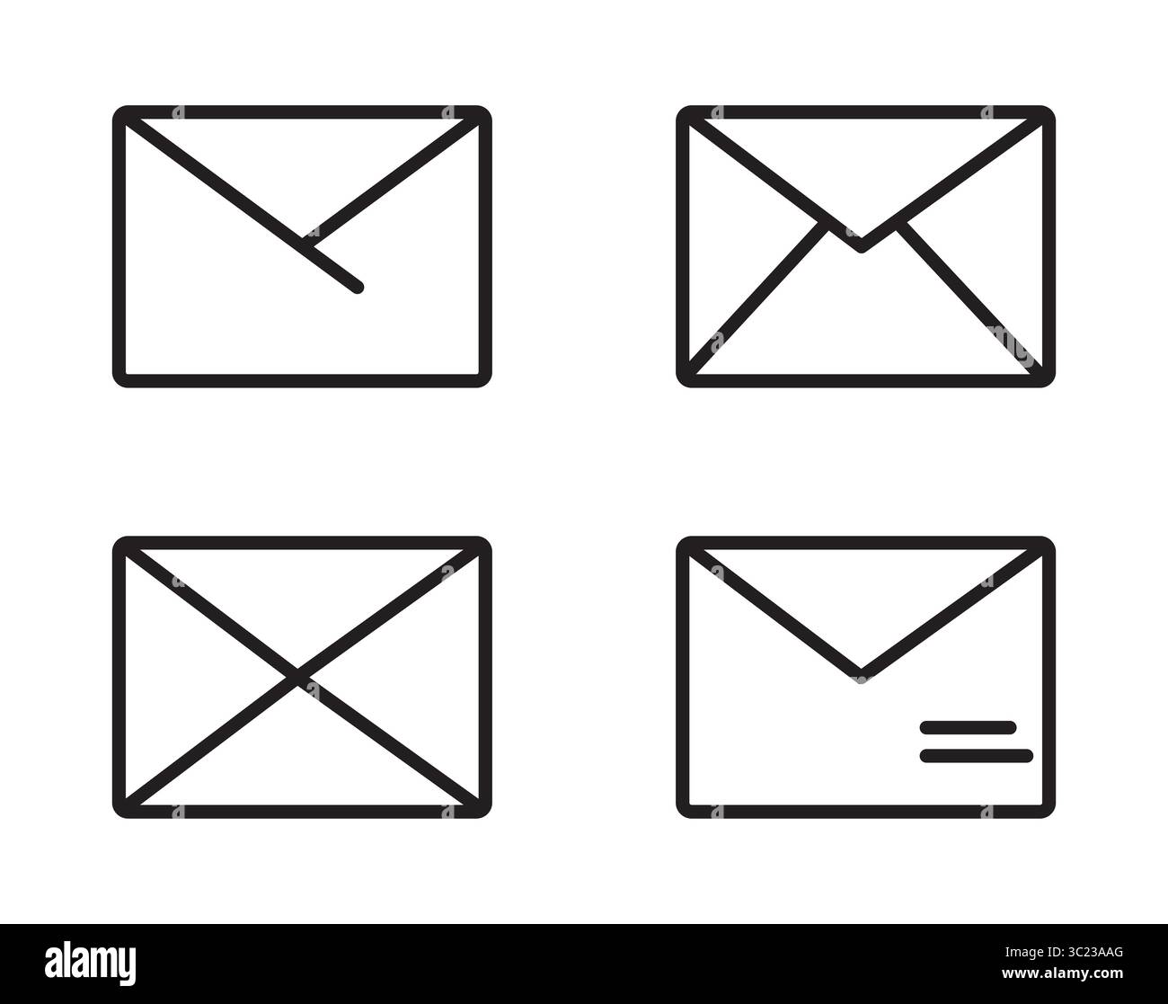 E-Mail-Symbol in Schwarz gesetzt. Symbole für die Postzustellung. Briefumschlag. Set von E-Mail-Signalen in Flat. Sammlung von Symbolen zum Senden von Nachrichten. Schwarz gefüllte Symbole. Stock Vektor