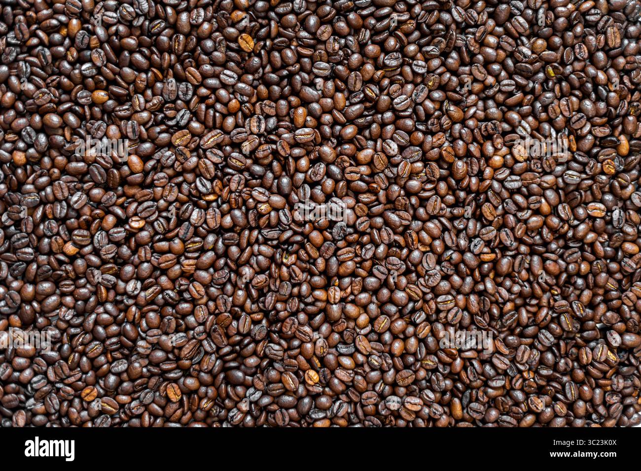 Blick von oben auf frisch geröstete Kaffeebohnen. Großaufnahme von gerösteten Hochglanz-Kaffeebohnen, perfekt für Hintergründe, Café-Branding, Verpackung oder Stockfoto