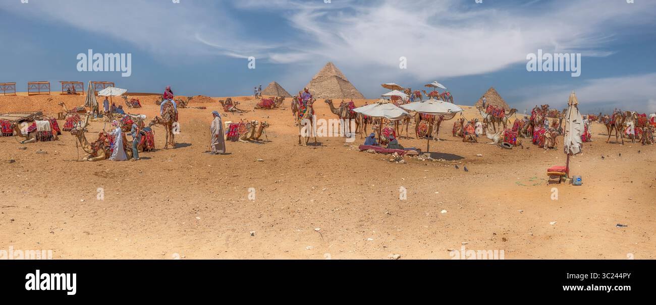 KAIRO, ÄGYPTEN - 30. JUNI 2025: Beduinen und Kamele im malerischen Pyramidenkomplex von Gizeh, Kairo, Ägypten Stockfoto KAIRO, ÄGYPTEN - 30. JUNI 2025: Beduinen und Kamele im malerischen Pyramidenkomplex von Gizeh, Kairo, Ägypten Stockfoto