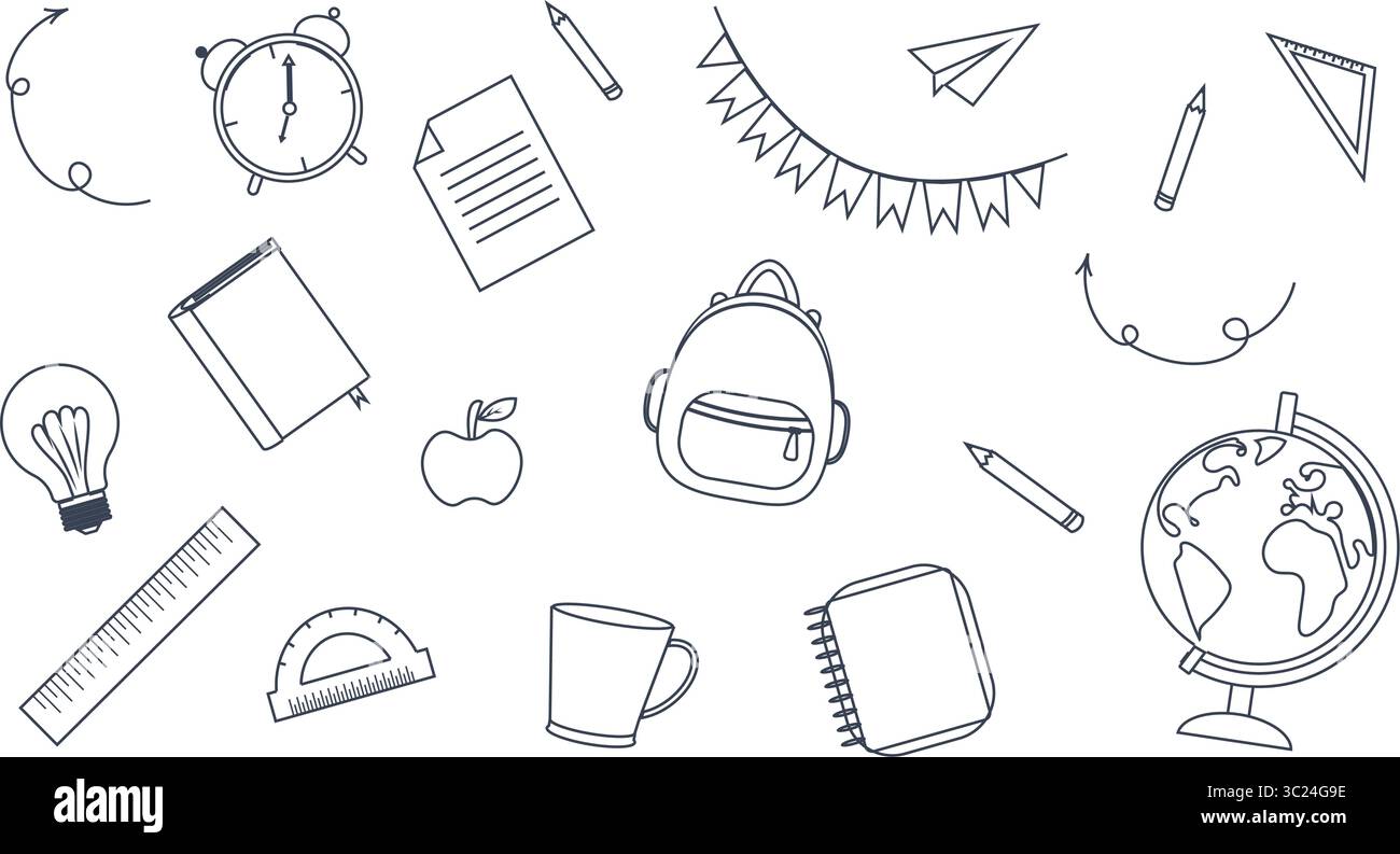 Set Schulbedarf im Umrissstil: Rucksack, Uhr, Globus, Flaggengirlande, Bücher, Glühbirne, Lineale und Farbstifte. Vektorillustration auf weißem Hintergrund Stock Vektor