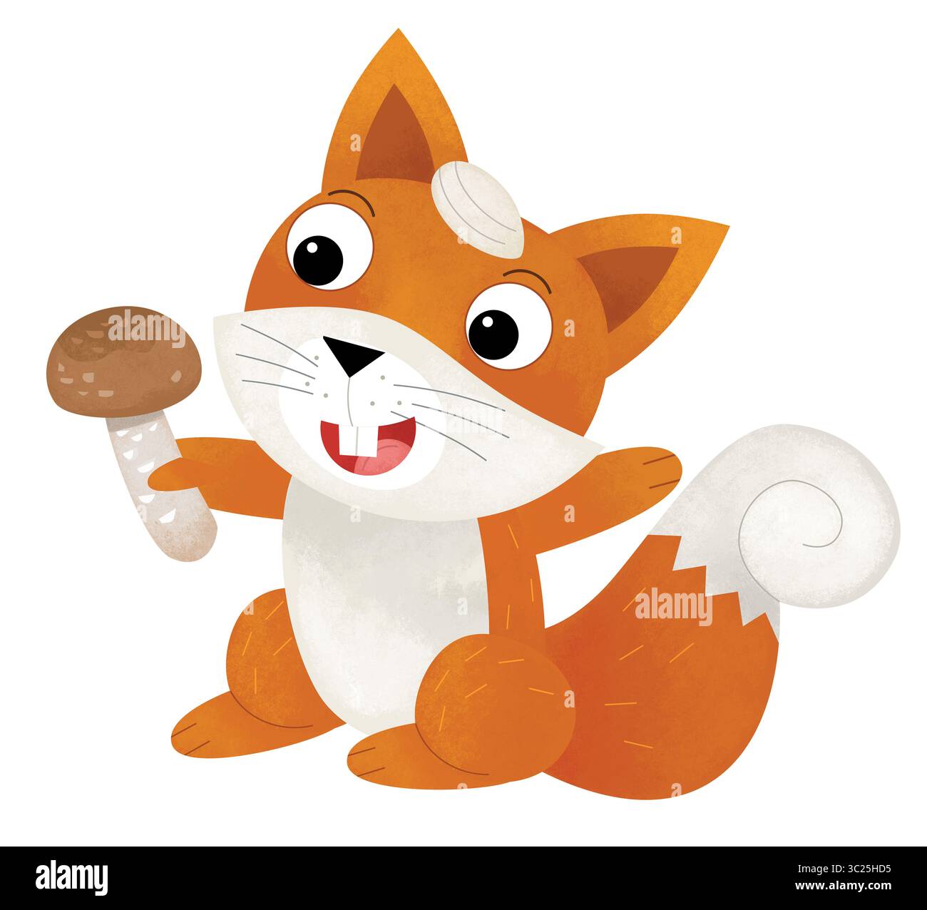Zeichentrickszene mit fröhlichem Eichhörnchen, das Pilzwaldtier auf weißem Hintergrund für Kinder hält Stockfoto