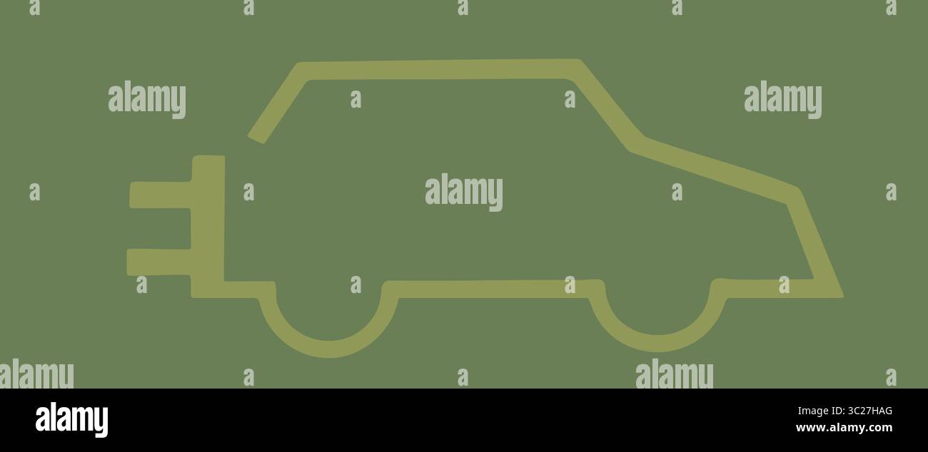 Symbol für Elektroautos, Konzept für grüne Energie-Symbole, Strichgrafik-Illustration, grüner Hintergrund Stockfoto