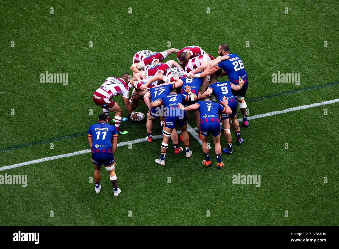 18. Mai 2019 - Barcelona, SPANIEN - Mele während der Super League of Rugby, Einem XIII-Spiel zwischen Dragons Catalans und Wigan Warriors im Camp Nou Stadium in Barcelona, 18. Mai 2019, Spanien. (Kreditbild: © AFP7 via ZUMA Wire) Stockfoto