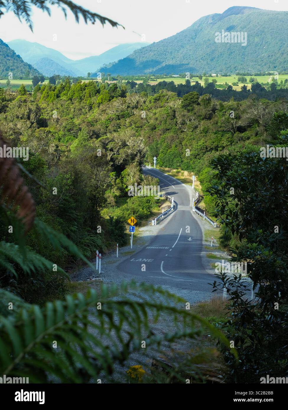 Eine klassische Straße an der Westküste Neuseelands mit üppig grünem Regenwald und Hügeln im Hintergrund. Stockfoto