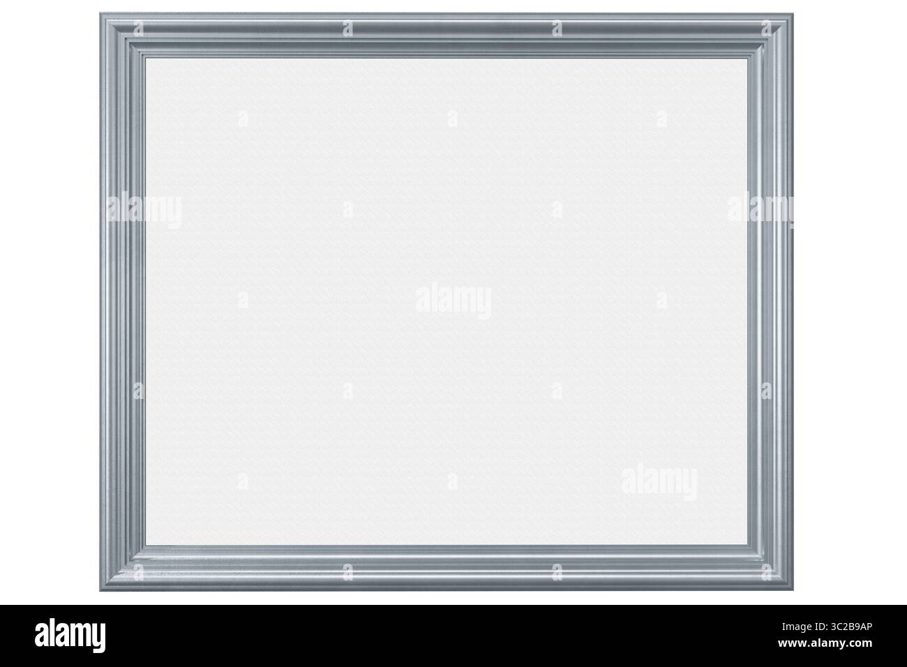 Silberner, silberner Rahmen, mit zentralem Leerraum für das Einfügen von Bildern oder Text. 3D-Illustration Stockfoto