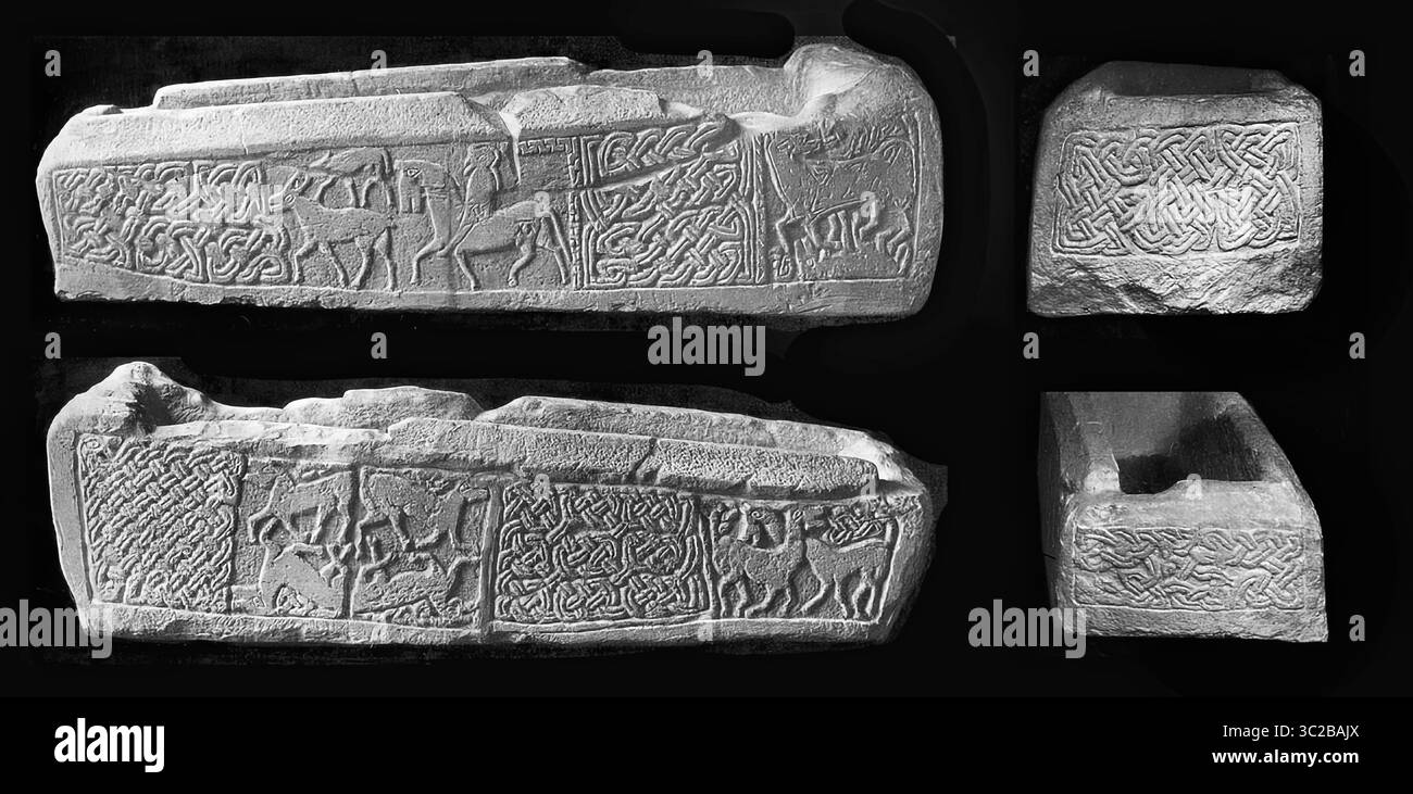7914. Der Govan-Sarkophag aus der Wikingerzeit, der einen königlichen heiligen darstellen soll, der in den 870er Jahren von Wikingern getötet wurde Stockfoto