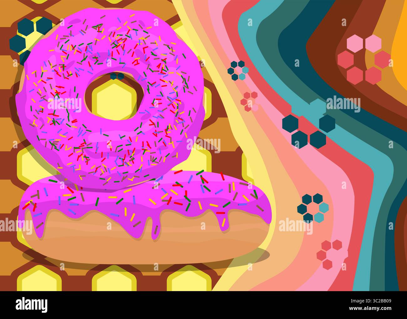 Retro 70er Jahre Hintergrund mit Donut. Grooviges Dessert 1970er Jahre Kunstvorlage. Minimalistisches Poster im Vintage-Design. Altmodische Farbvorlagen. Stock Vektor