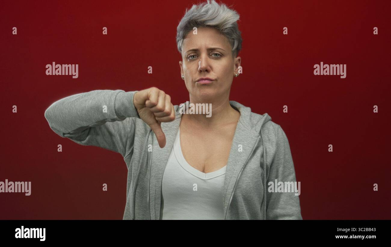 Frau mit kurzen silbernen Haaren in grauem Hoodie mit Daumen-nach-unten-Geste im roten Studio; Ablehnungsfrustration. Stockfoto