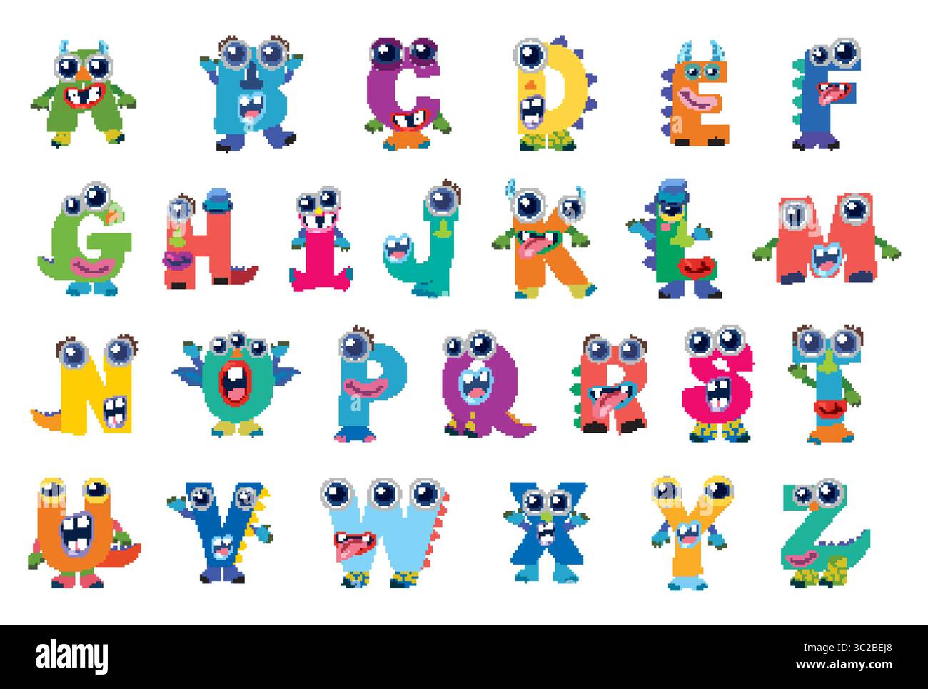 Verspieltes Alphabet im Monster-Design mit leuchtenden Farben und skurrilen Charakteren. Perfekt für Projekte und Lernmaterialien für Kinder Stock Vektor