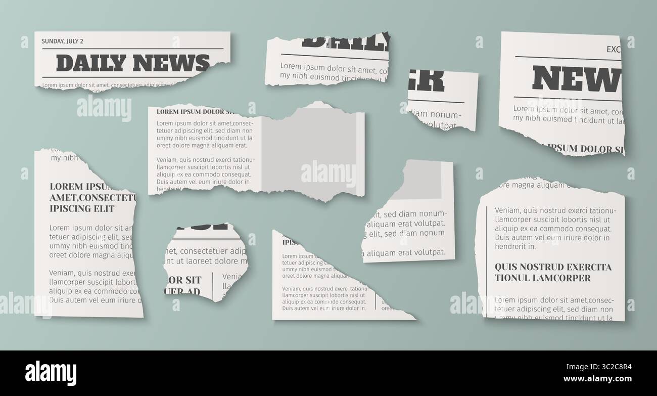Zerrissene Zeitungsfragmente - tägliche Schlagzeilen, exklusive Editionsbereiche, geschäftspolitische Artikel mit gerissenen Kanten. Altpapierreste für Mediencollagen, Journalismus und Retro-Design-Layouts. Stock Vektor Zerrissene Zeitungsfragmente - tägliche Schlagzeilen, exklusive Editionsbereiche, geschäftspolitische Artikel mit gerissenen Kanten. Altpapierreste für Mediencollagen, Journalismus und Retro-Design-Layouts. Stock Vektor