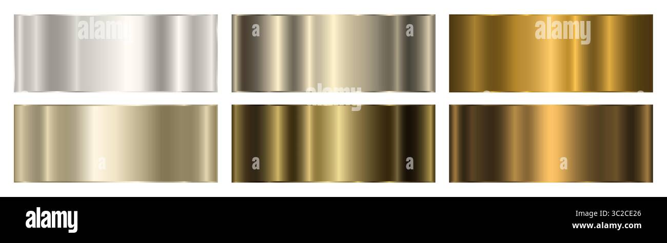 Ein Satz von metallischen Gold- und Platin-Verläufen. Eine Sammlung von sechs Goldtönen. Stock Vektor