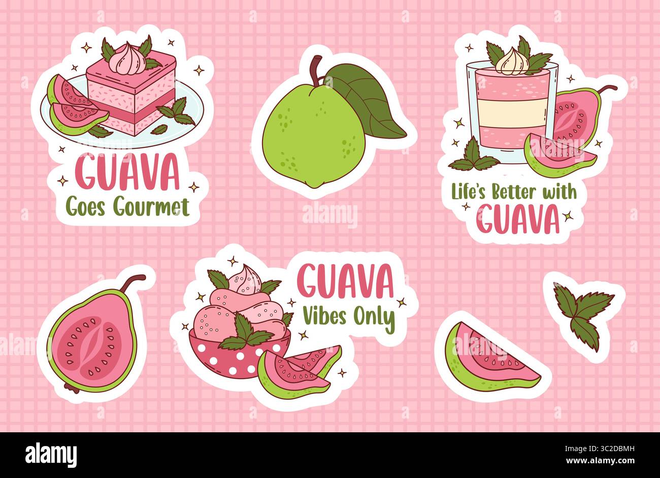 Guava cremig süße Dessertaufkleber mit Zitaten. Kuchen, Mousse, Eis und Eis mit Minzblättern und tropischen rosafarbenen Fruchtscheiben. Vektor-Illustra Stock Vektor