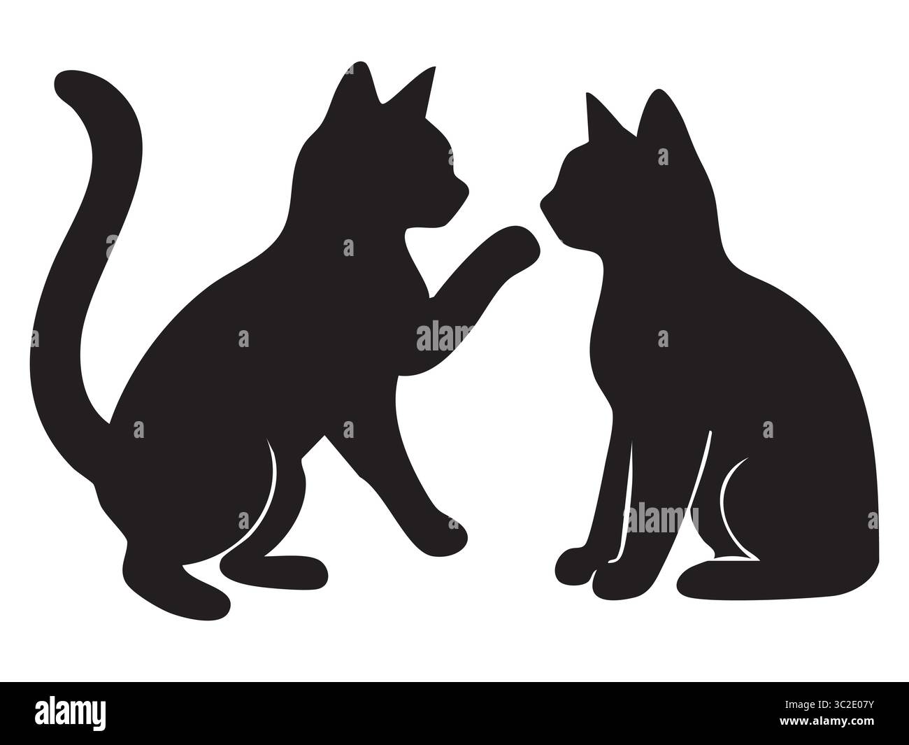 Schwarze Silhouetten zweier sitzender Katzen, die interagieren, isoliert auf weißem Hintergrund, grafische Illustration. Konzepte von Haustieren, süßen Kätzchen, Haustieren Stock Vektor