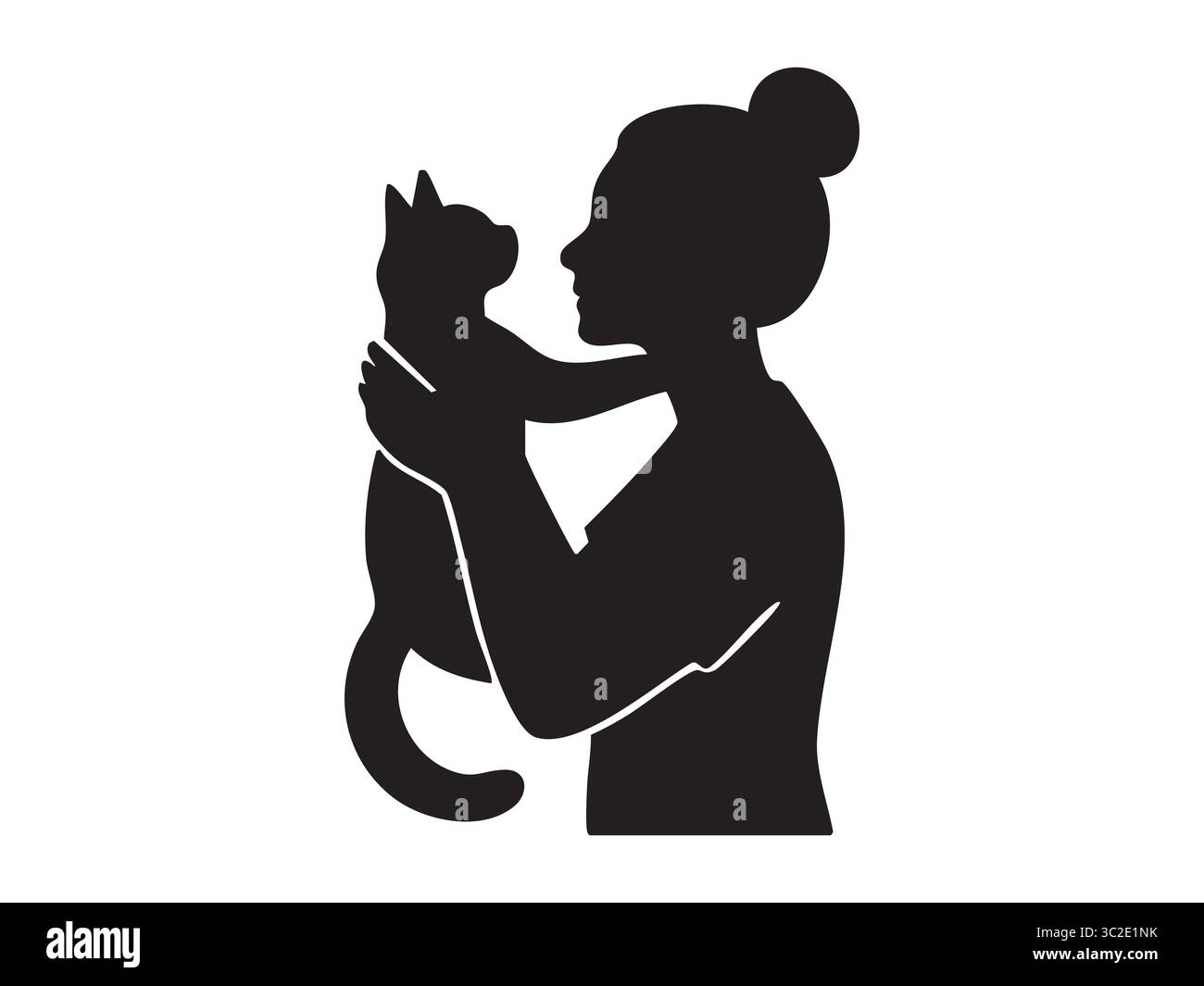 Schwarze Silhouette einer Frau, die Katze hält, isoliert auf weißem Hintergrund, grafische Illustration. Haustier, Gesellschaft, Katzenliebe, Haustier Stock Vektor