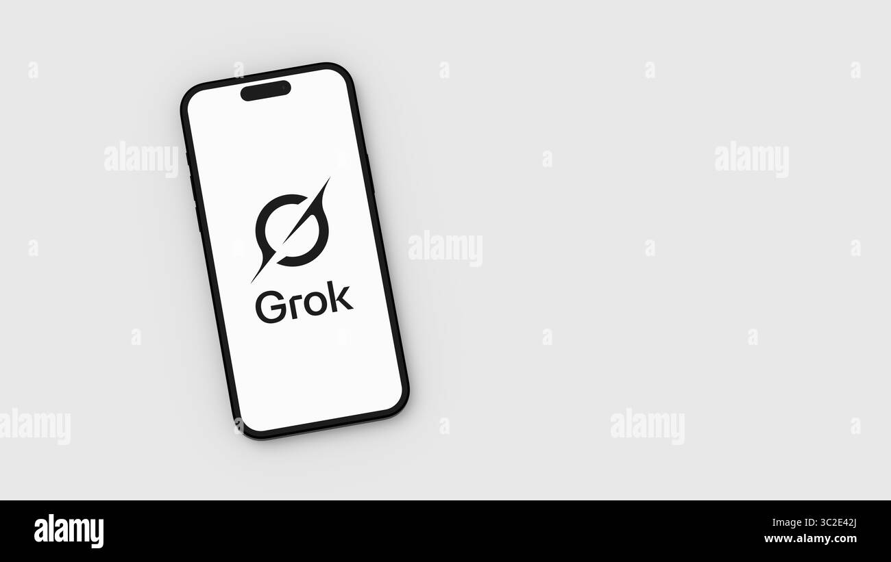 Grok-Logo auf dem Bildschirm des Mobiltelefons auf grauem Hintergrund mit Kopierraum Stockfoto