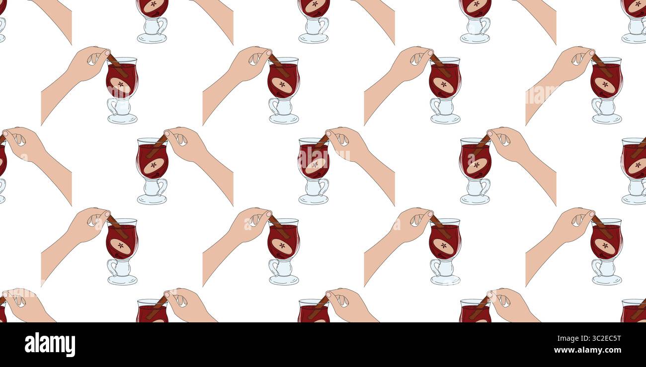 Hand halten Zimt Stick in Glasbecher mit Glühwein nahtlosem Muster Pop Art Stil Banner Fond. Isolierte Vektor-Illustration gemütliche saisonale Getränk Menü Karte Hintergrund oder Promo Banner, Faltblätter, Tag Stock Vektor