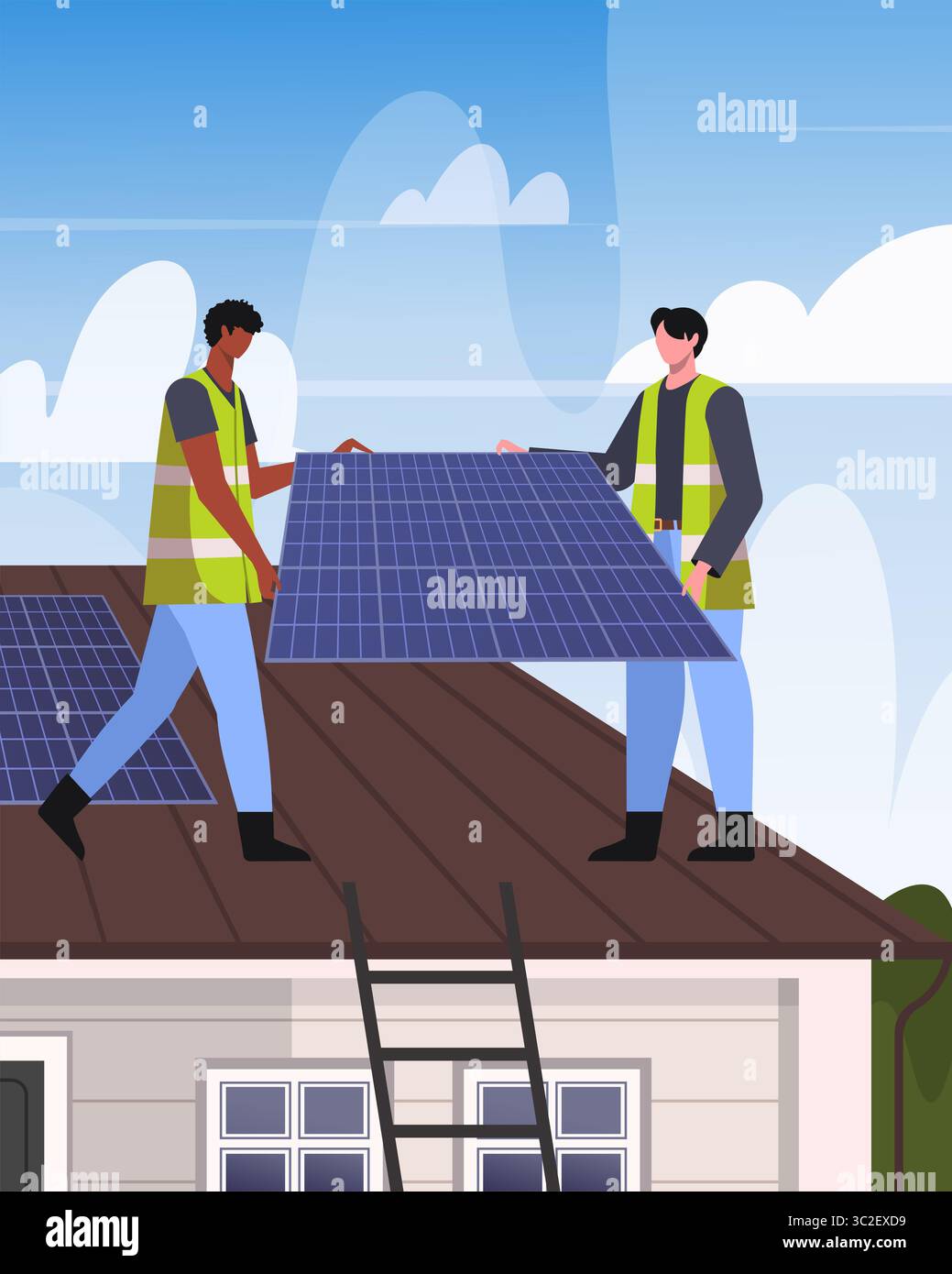 Abbildung: Arbeiter, die Solarpaneele auf einem Dach installieren. Nachhaltige erneuerbare Energien. Vektor nicht AI generiert Stockfoto