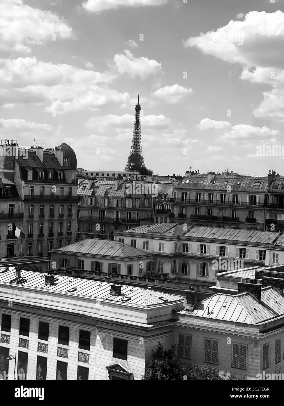 Paris Frankreich 9. Mai 2025 szenisches Schwarzweißfoto mit dem berühmten Eiffelturm inmitten klassischer Pariser Dächer. Dramatische Wolken verbessern die Zeit Stockfoto