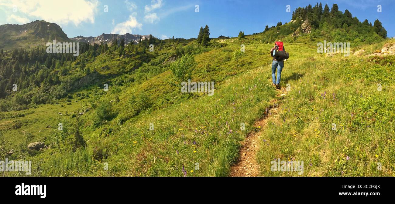 Ein pulsierendes Bergpanorama zeigt einen Wanderer mit Rucksack, der bei sonnigem Wetter einen grünen Pfad besteigt. Das Bild zeigt die Erkundung im Freien, einsam Stockfoto