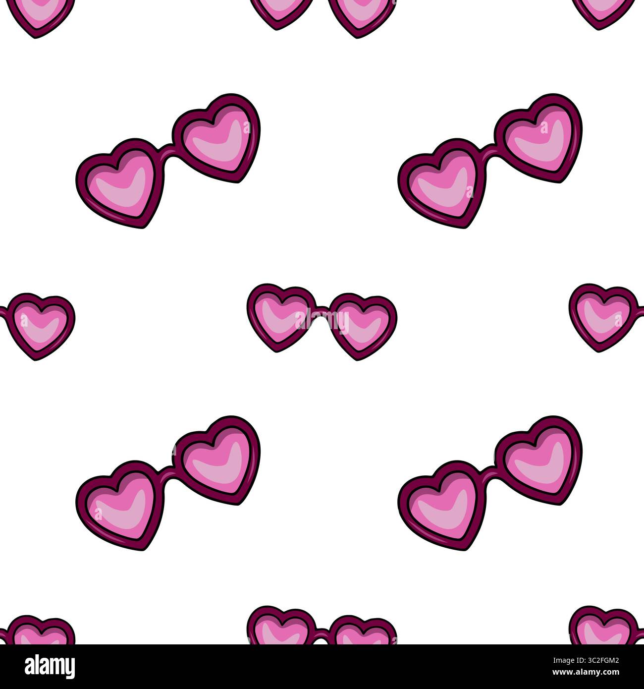Nahtloses Vektormuster von rosa herzförmigen Sonnenbrillen auf weißem Hintergrund, perfekt für Valentinstag- oder Sommerdesigns. Stock Vektor
