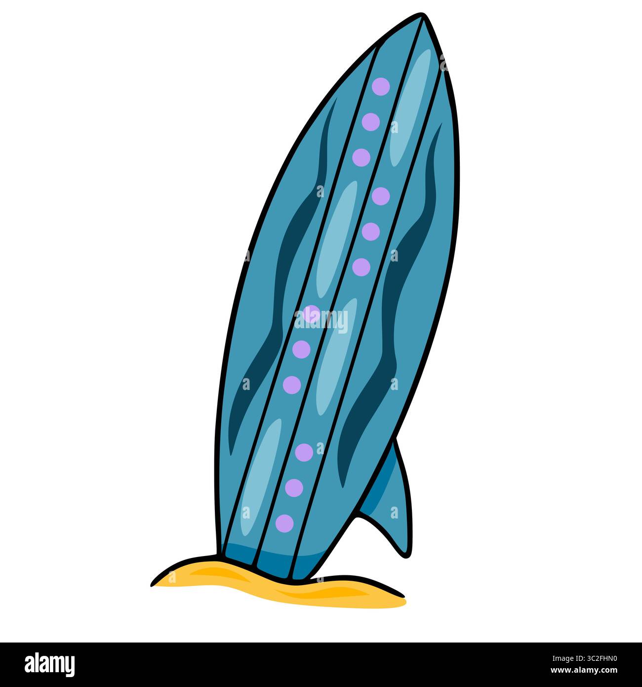 Stilvolle türkisfarbene Surfboard-Vektor-Illustration mit lila Punkten und welligem Muster, die auf gelbem Sand ruhen, perfekt für Sommerdesigns. Stock Vektor