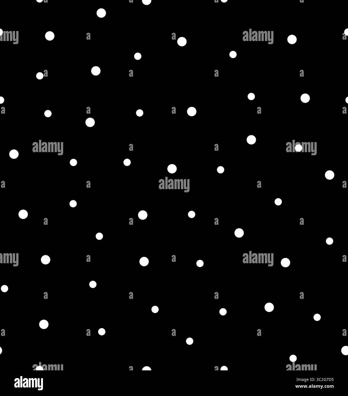 Ein nahtloses Muster aus weißen Polka Dots auf einem soliden schwarzen Hintergrund sorgt für einen einfachen, aber auffälligen visuellen Kontrast Stockfoto