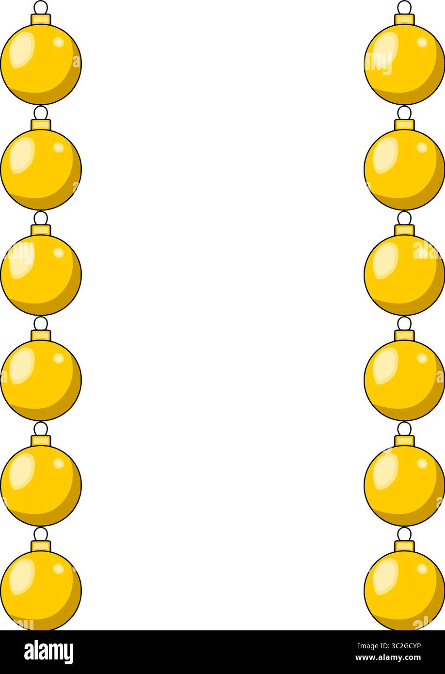 Elegante Vektor-Illustration von zwei vertikalen Linien goldener Weihnachtskugeln, die einen festlichen Rahmen perfekt für Feiertagsdesigns schaffen. Stock Vektor