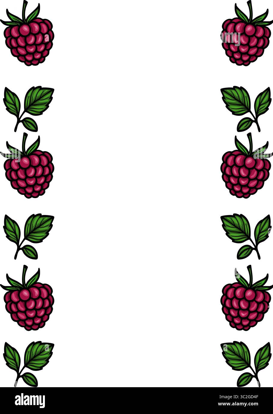 Vektor-Illustration eines vertikalen Rahmens mit handgezeichneten Himbeeren und Blättern, perfekt für Sommerdesigns und Einladungen. Stock Vektor