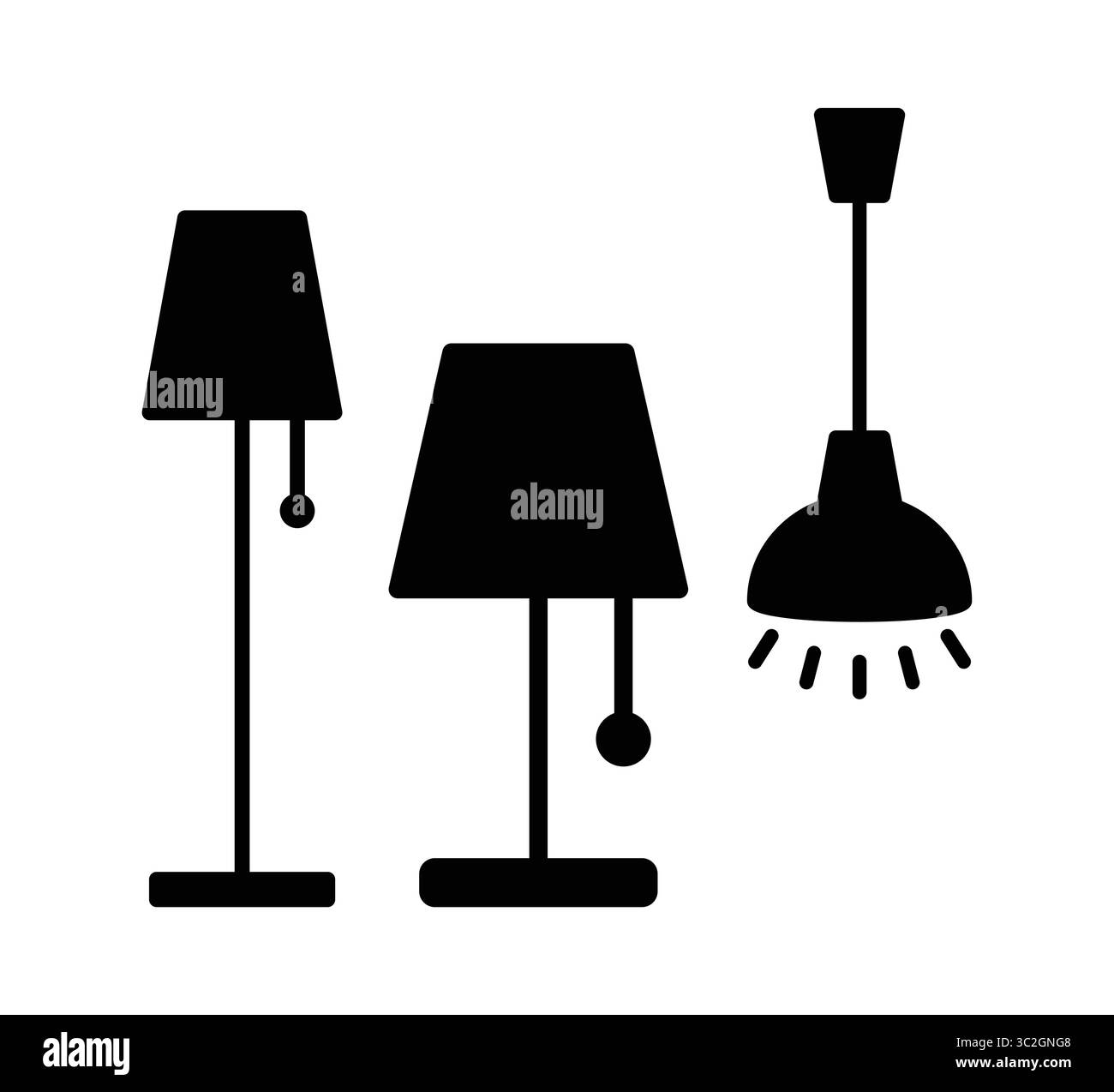 Entdecken Sie die künstlerischen Silhouetten stilvoller Steh- und Hängelampen, die perfekt für die moderne Innenarchitektur sind. Heben Sie die Atmosphäre in jedem Raum auf. Stock Vektor