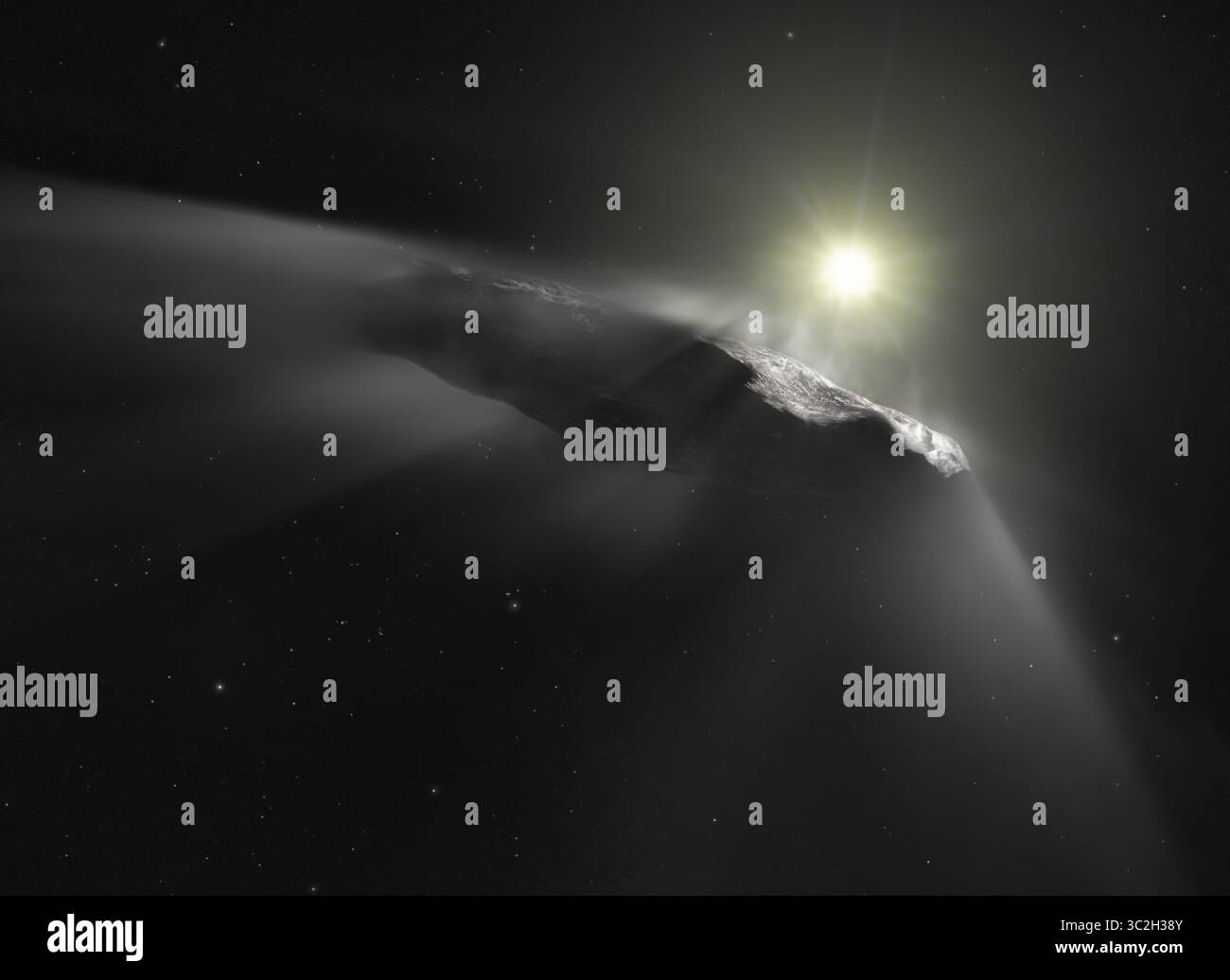 19. Juni 2019 - Frankreich - Artist Impression zeigt das erste interstellare Objekt, das im Sonnensystem 'Oumuamua' entdeckt wurde. "Comet Interceptor" wurde in ihrem Cosmic Vision Program als neue Mission der ESA für die schnelle Klasse ausgewählt. Es besteht aus drei Raumschiffen und ist der erste, der einen wirklich unberührten Kometen oder ein anderes interstellares Objekt besucht, das gerade erst seine Reise in das innere Sonnensystem beginnt. Die Mission wird zu einem noch unentdeckten Kometen reisen und das gewählte Ziel in der Nähe der Erdumlaufbahn vorbeifliegen. Seine drei Raumfahrzeuge werden gleichzeitig Beobachtungen f durchführen Stockfoto