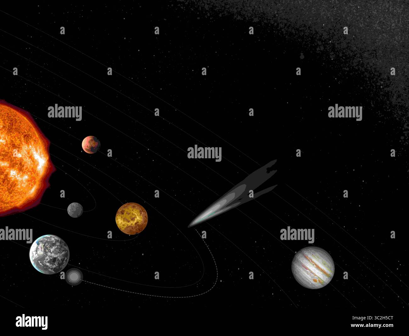 19. Juni 2019 - Frankreich - Comet Interceptor Concept. Comet Interceptor wurde im Rahmen des Cosmic Vision Program als neue Mission der ESA ausgewählt. Es besteht aus drei Raumschiffen und ist der erste, der einen wirklich unberührten Kometen oder ein anderes interstellares Objekt besucht, das gerade erst seine Reise in das innere Sonnensystem beginnt. Die Mission wird zu einem noch unentdeckten Kometen reisen und das gewählte Ziel in der Nähe der Erdumlaufbahn vorbeifliegen. Seine drei Raumfahrzeuge werden simultane Beobachtungen von mehreren Punkten um den Kometen durchführen und ein 3D-Profil eines 'Dynams' erstellen Stockfoto