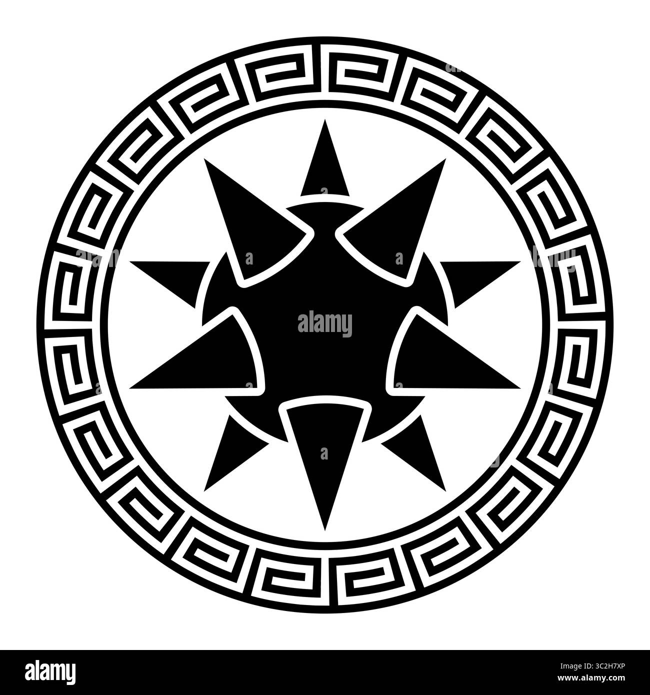 Stachelkugel mit kreisförmigem Rand mit Mäandermuster. Eine Sternfigur, eine mittelalterliche Waffe, sicher von einem Rahmen mit griechischem Schlüsselmuster eingeschlossen. Stockfoto