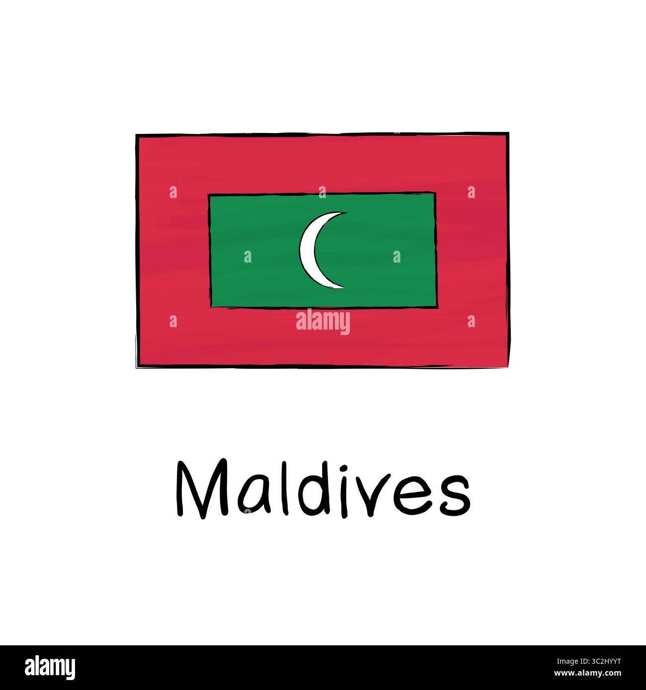 Vektor-Doodle-Illustration der Malediven-Flagge in einem handgezeichneten Stil. Perfekt für Reiseinhalte, geografische Materialien, kulturelle Darstellungen und Bildungseinrichtungen Stock Vektor