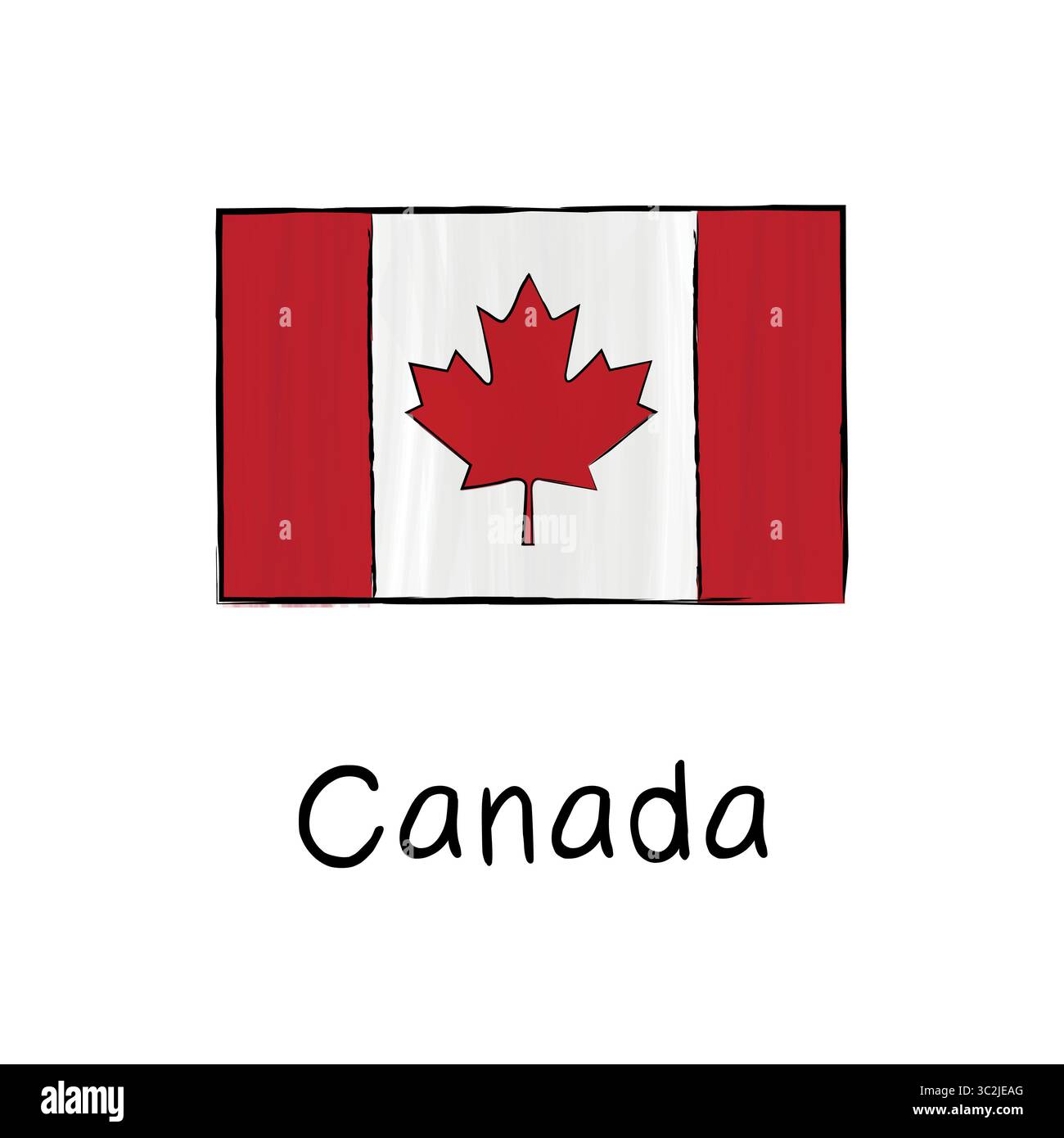 Kanada-Flagge mit Umriss und Unterschrift auf weißem Hintergrund. Handgezeichnete Vektorillustration im Skizzenstil. Isoliertes Bild, perfekt für Poster und Web Stock Vektor