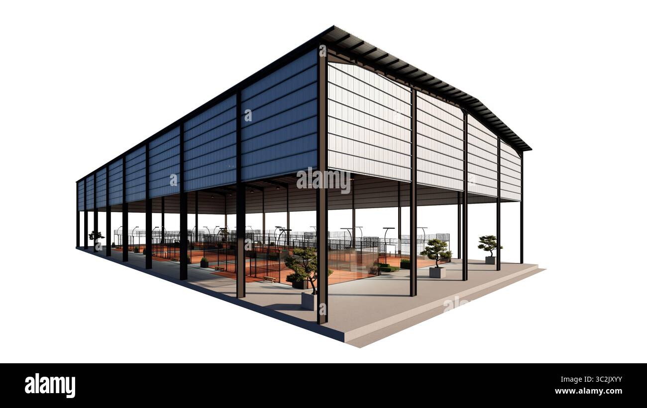 Padel-Tennisplätze mit Eckblick in terrakottafarbenem Metallgebäude Stockfoto