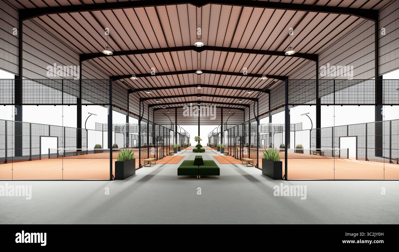 Leere Terrakotta-Padel-Tennisplätze im Metalldach. Im Sportkomplex gelegen. Tropisches Konzept Stockfoto