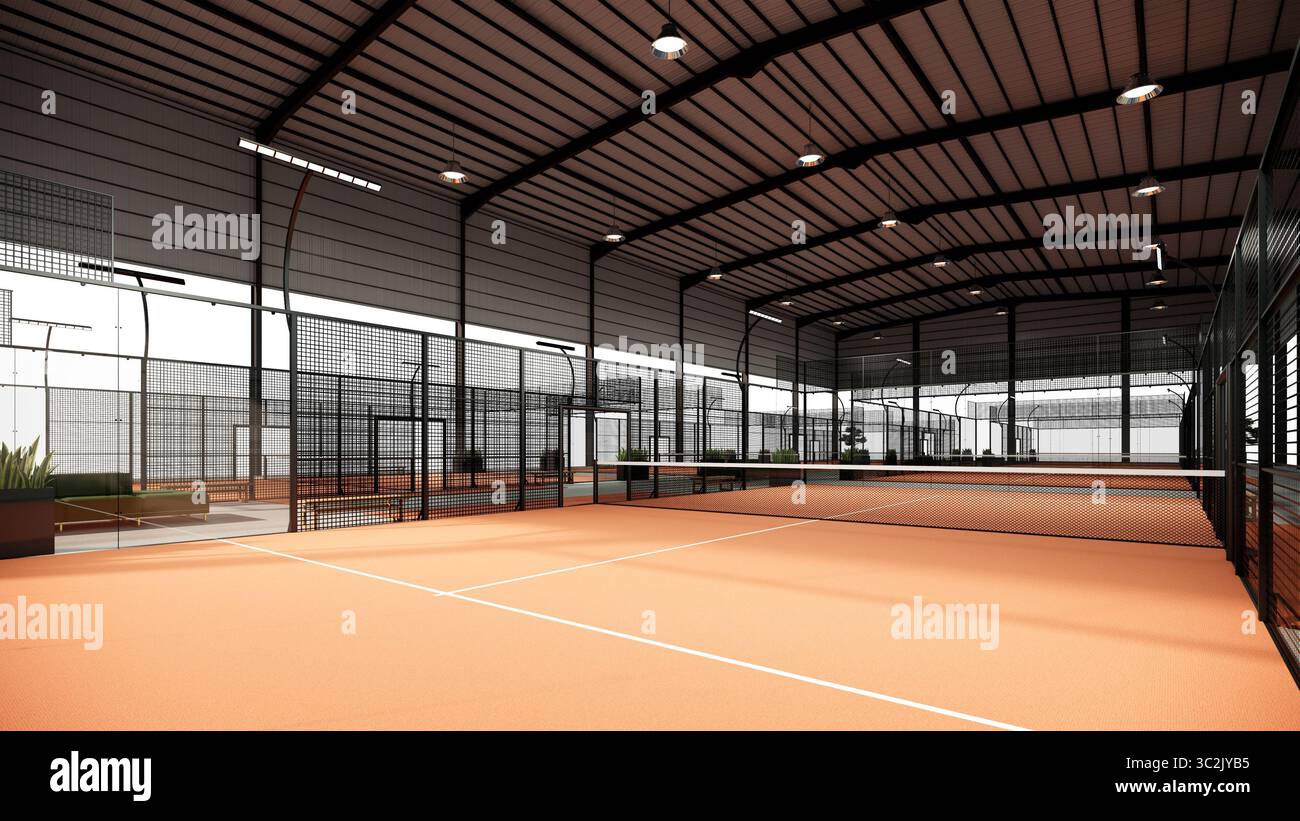 Leerer Padel-Tennisplatz mit Terrakotta-roter Tonfarbe Stockfoto