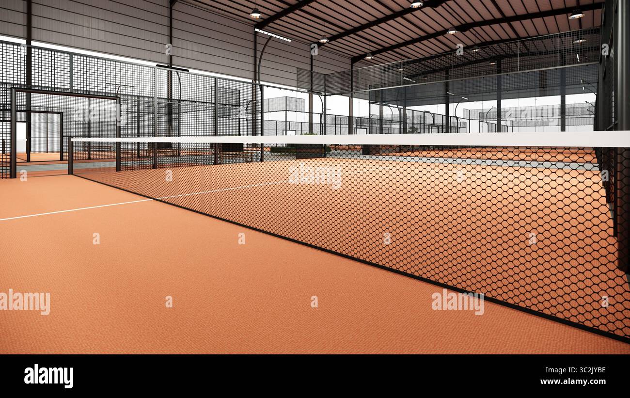 Close Up Net in Padel Courts Komplex Sportgebäude in Terrakottafarbe Stockfoto