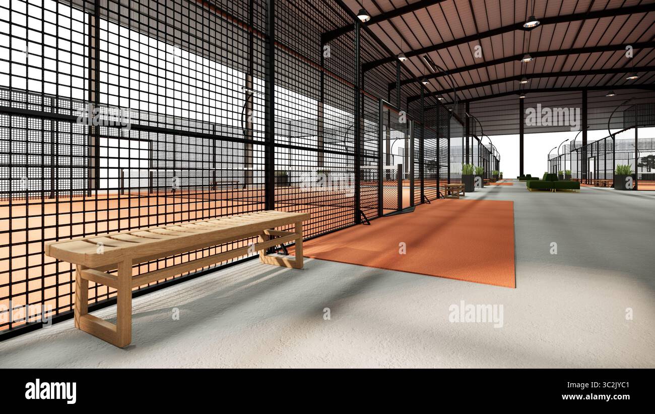 Nahaufnahme einer Bank im Padel Courts Komplex Sportgebäude in Terrakottafarben Stockfoto