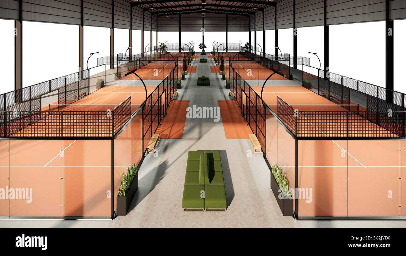 Luftaufnahme auf einem Padel Court Weitwinkel. Terrakotta-Böden und Glas, die als Wände dienen. Sportbau Stockfoto