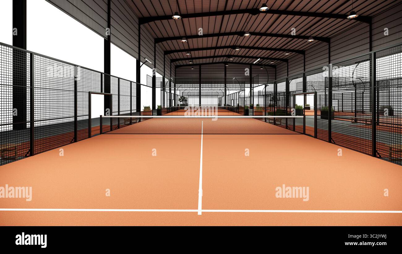 Leeres Terrakotta Padel Court Innengebäude mit Metallkonstruktion Stockfoto