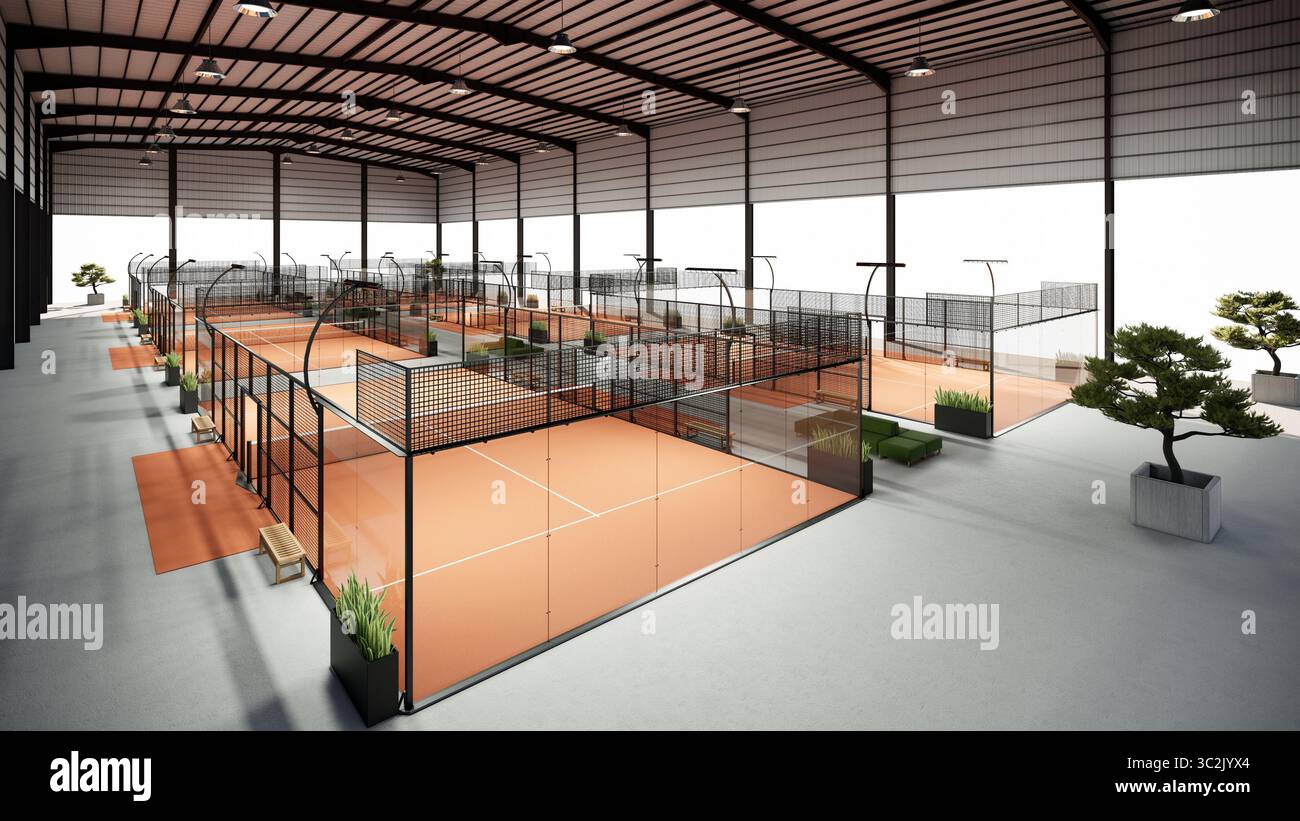 Blick aus der Vogelperspektive auf sechs Padel-Courts mit tropischer Terrakotta-Farbe auf das Lagergebäude mit Metallstruktur im Weitwinkel Stockfoto
